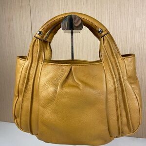 B. Makowsky Mustard Yellow Leather Satchel Top Handle Leopard Lined